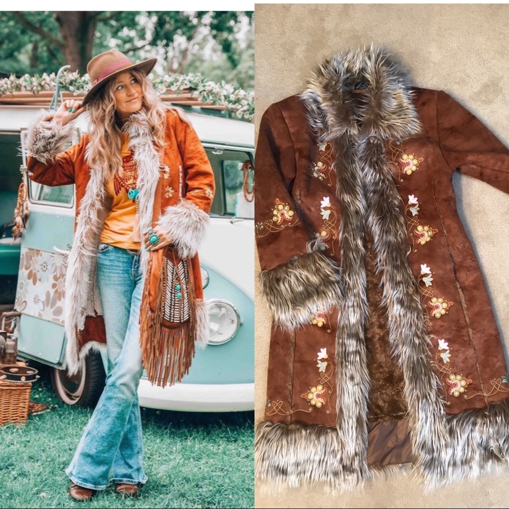 Boho faux fur coat w/embroidery Penny Lane coat